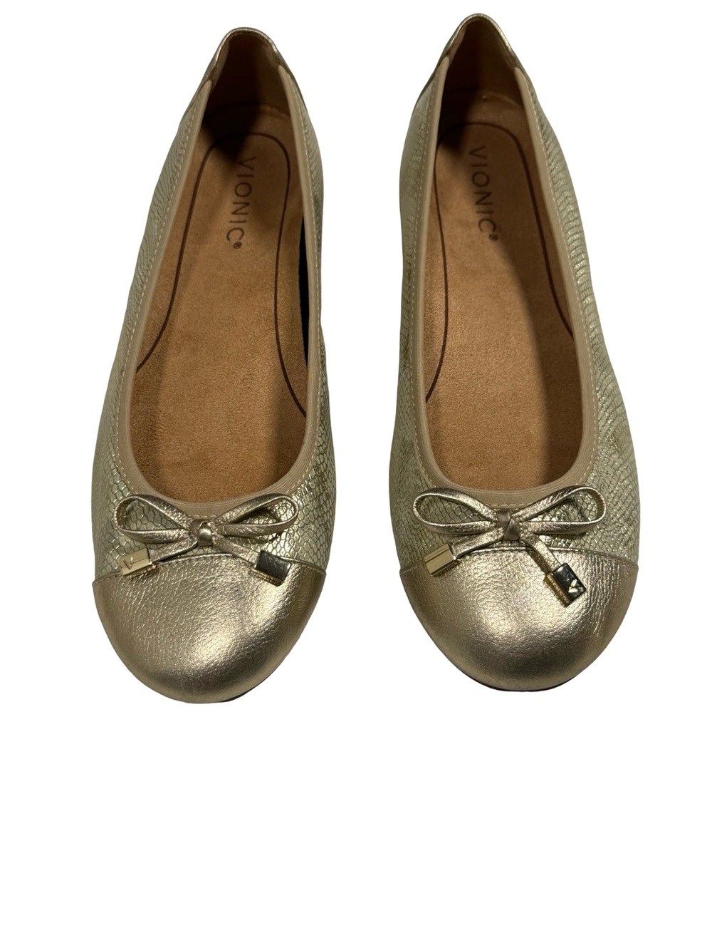 Vionic Minna Ballet Flats Gold Leather Snake Emboss Bow Comfort Orthopedic Sz 8 - Picture 8 of 11